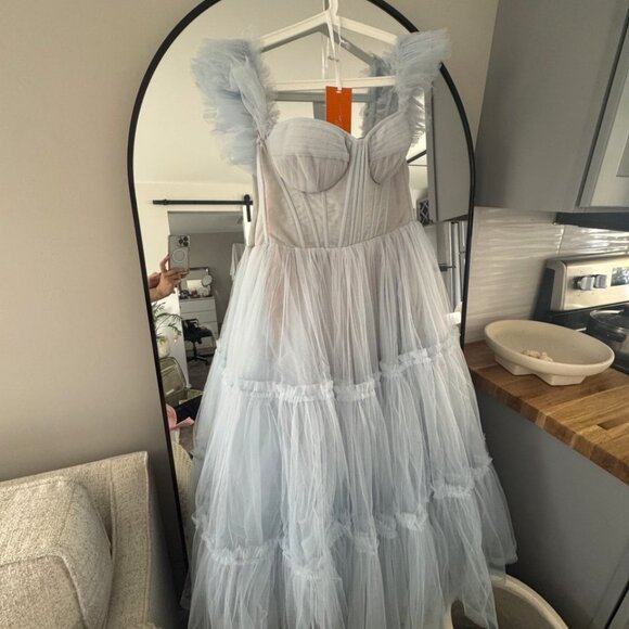 Light Blue Ruffled Tulle Midi Dress by Milla - Picture 1 of 4